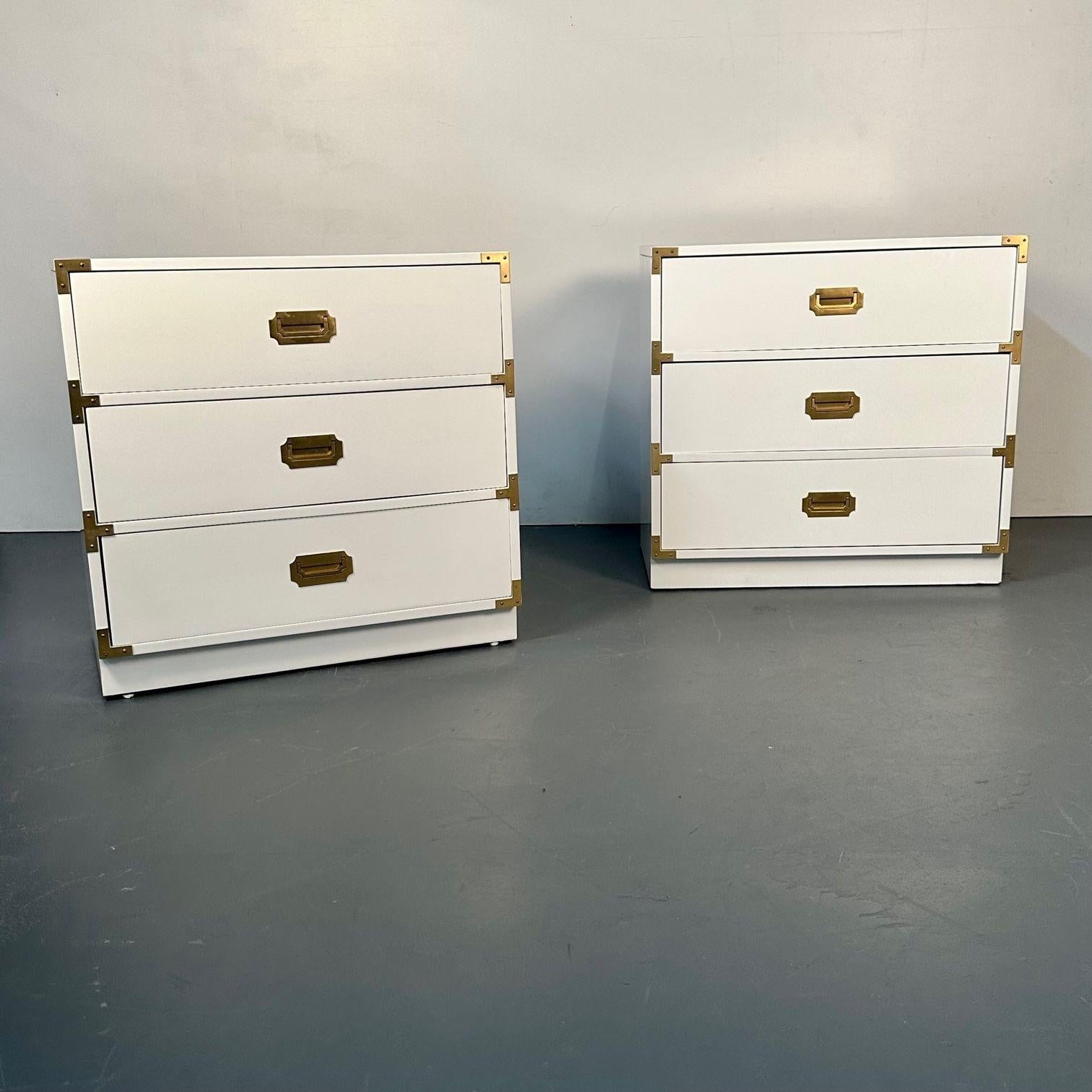 Pair of Mid-Century Modern White Campaign Dressers / Nightstands, Brass Accent 8