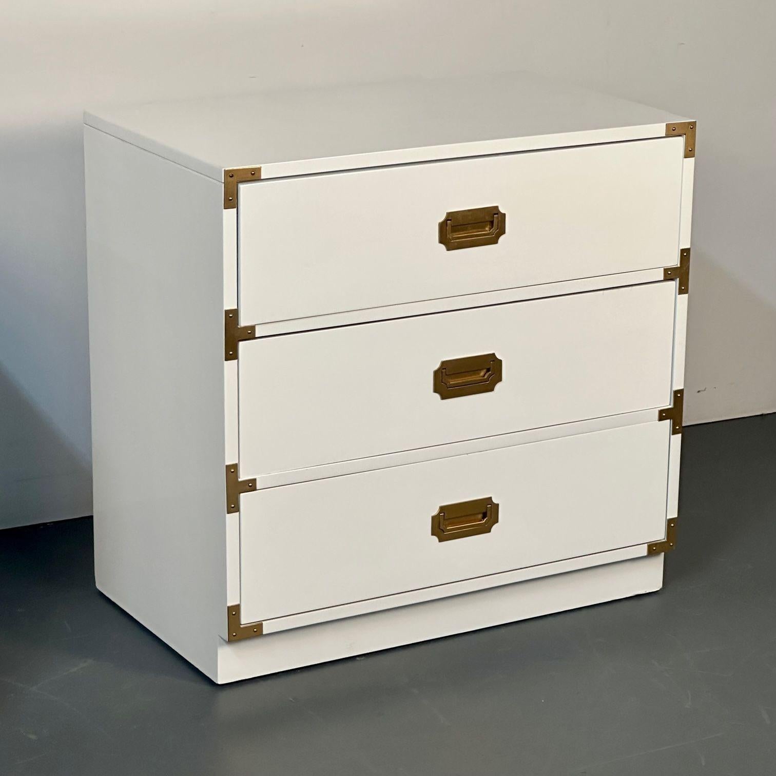 Mid-20th Century Pair of Mid-Century Modern White Campaign Dressers / Nightstands, Brass Accent