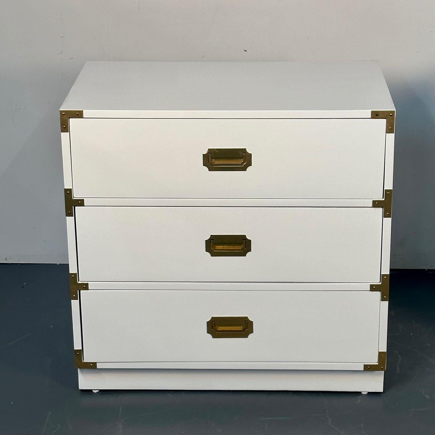 Pair of Mid-Century Modern White Campaign Dressers / Nightstands, Brass Accent 1