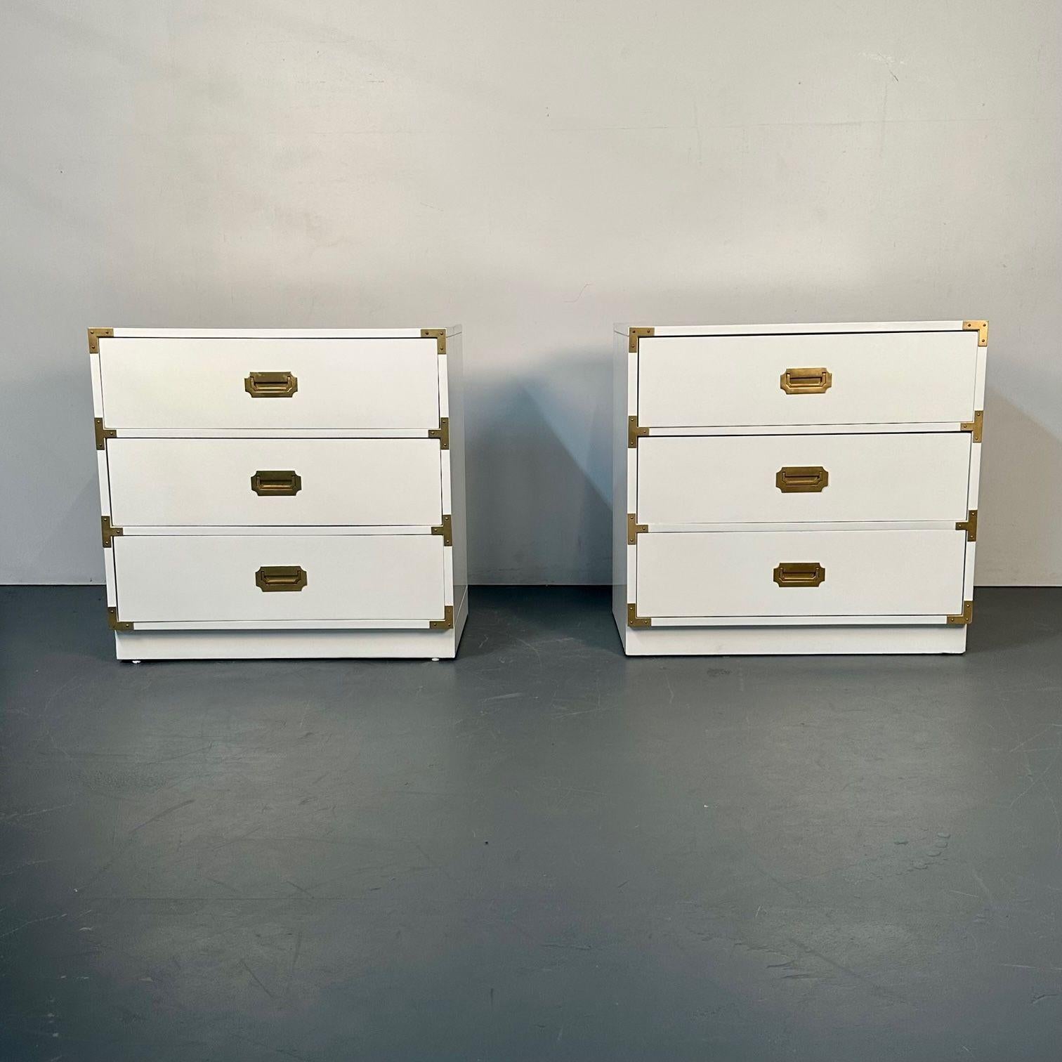 Pair of Mid-Century Modern White Campaign Dressers / Nightstands, Brass Accent 2