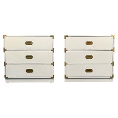 Pair of Mid-Century Modern White Campaign Dressers / Nightstands, Brass Accent