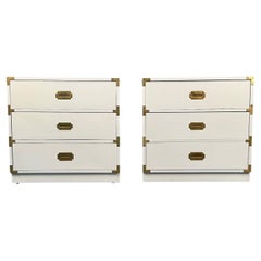 Vintage Pair of Mid-Century Modern White Campaign Dressers / Nightstands, Brass Accent