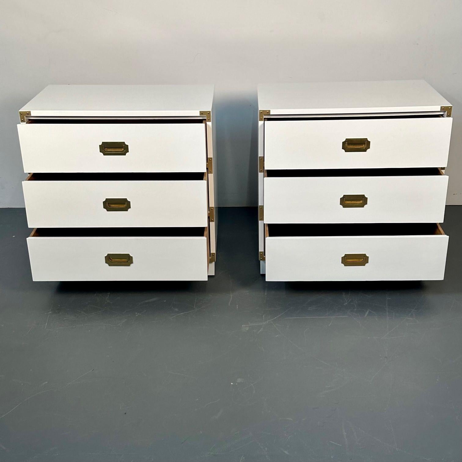 Pair of Mid-Century Modern White Campaign Dressers / Nightstands, Drexel In Good Condition In Stamford, CT