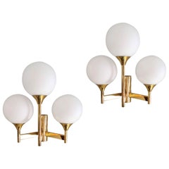 Pair of Mid-Century Modern White Globe and Brass Sconces by Kaiser Idell, 1960s