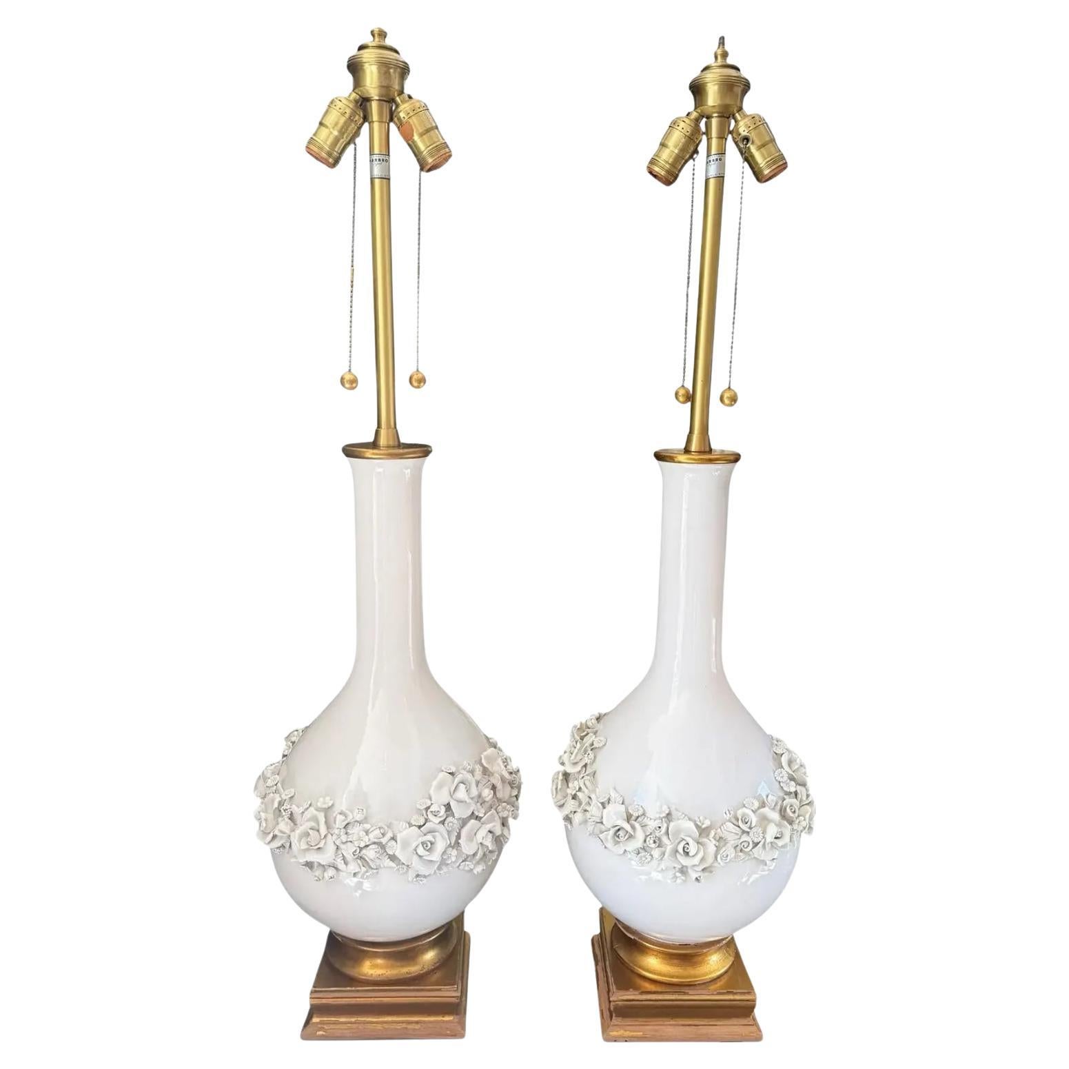 Pair of Mid Century Modern White Majolica Table Lamps