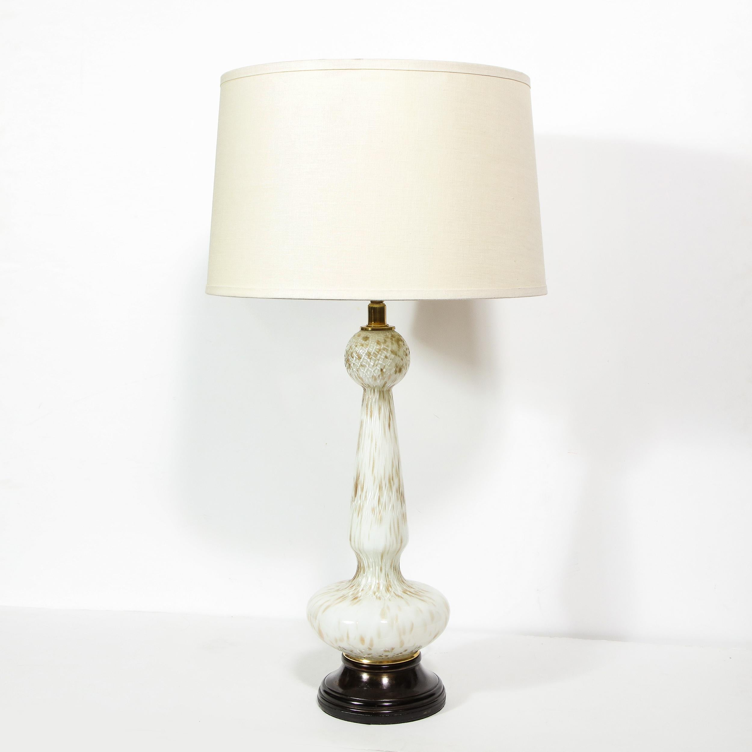 Italian Pair of Mid-Century Modern White Murano Glass Table Lamps w/ 24kt Gold Flecks
