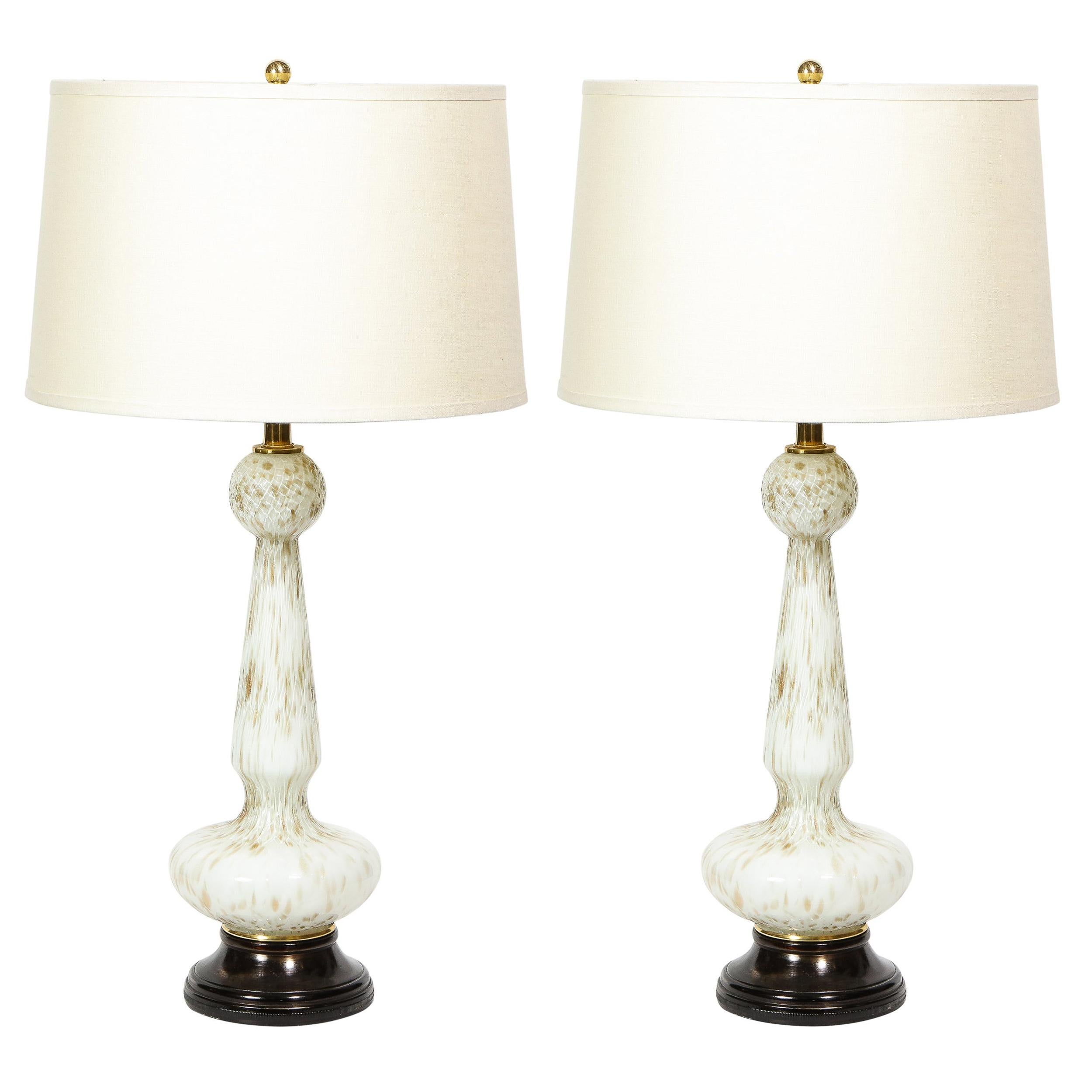 Pair of Mid-Century Modern White Murano Glass Table Lamps w/ 24kt Gold Flecks