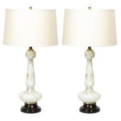 Vintage Pair of Mid-Century Modern White Murano Glass Table Lamps w/ 24kt Gold Flecks