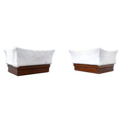 Pair of Mid-Century Modern White Ottoman in Foal Skin and Wood