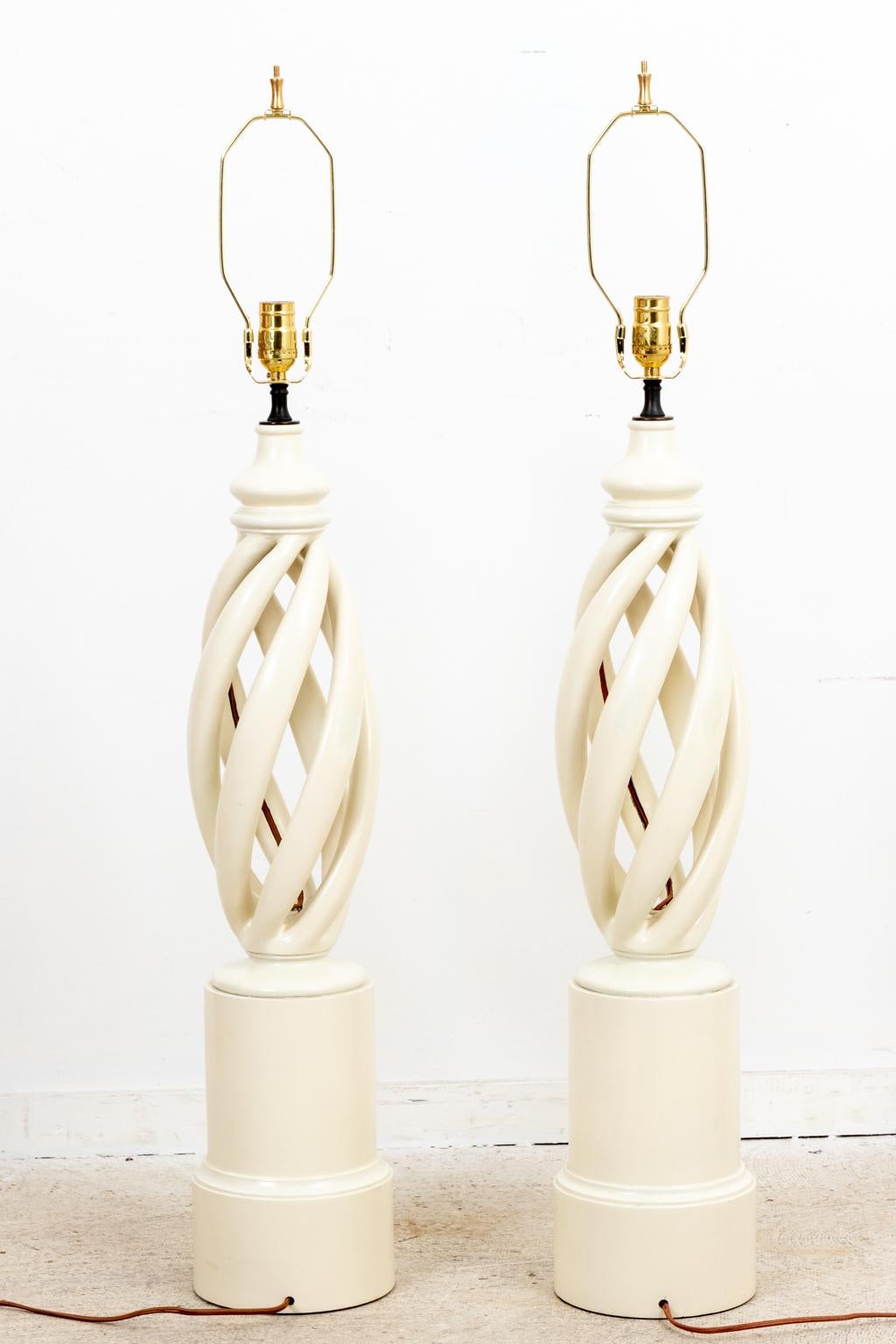 American Pair of Mid-Century Modern White Wood Swirl Lamps