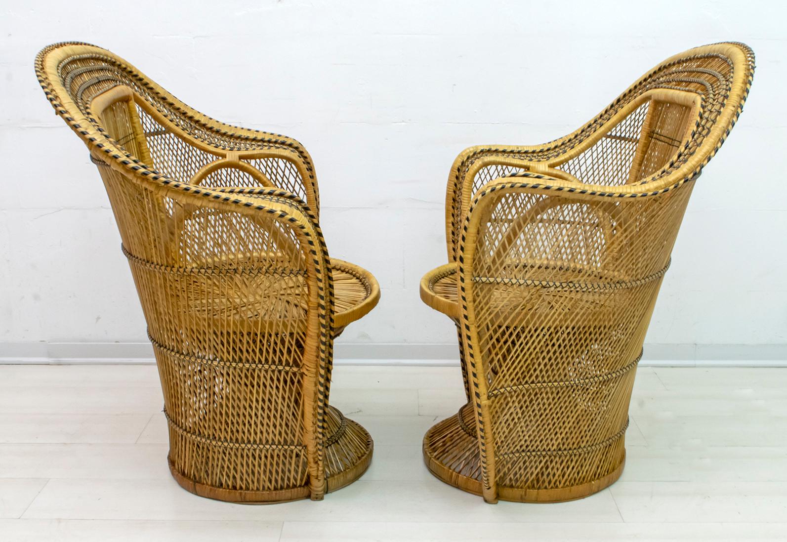 Rattan Pair of Mid-Century Modern Wicker Emmanuelle Armchairs from Kok Maison, 1970s For Sale
