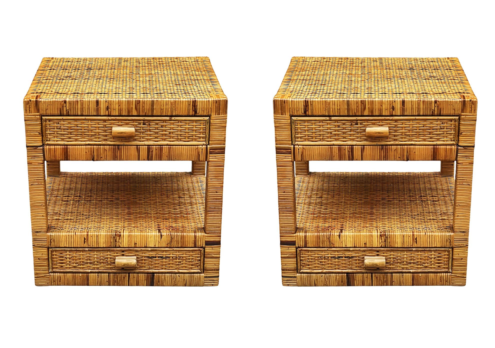 Pair of Mid-Century Modern Wicker or Rattan Woven Night Stands or End Tables In Good Condition In Philadelphia, PA