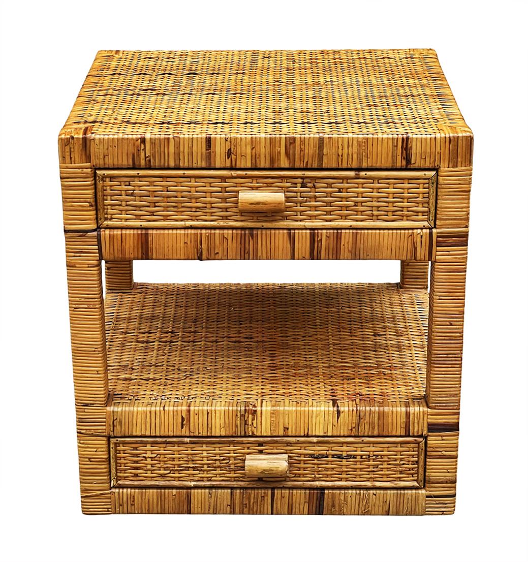 Late 20th Century Pair of Mid-Century Modern Wicker or Rattan Woven Night Stands or End Tables