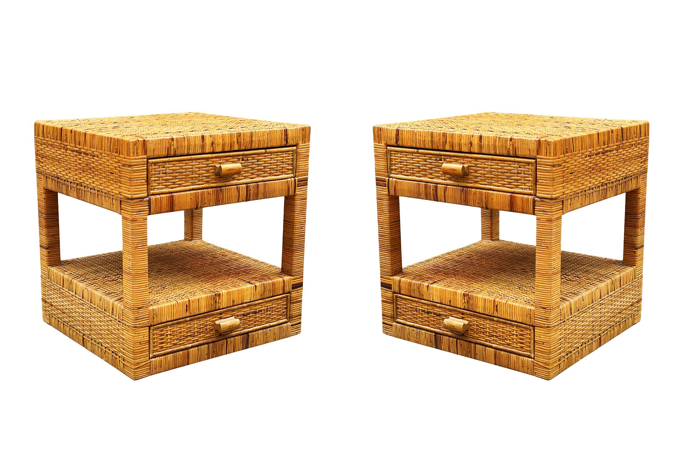 Pair of Mid-Century Modern Wicker or Rattan Woven Night Stands or End Tables 3