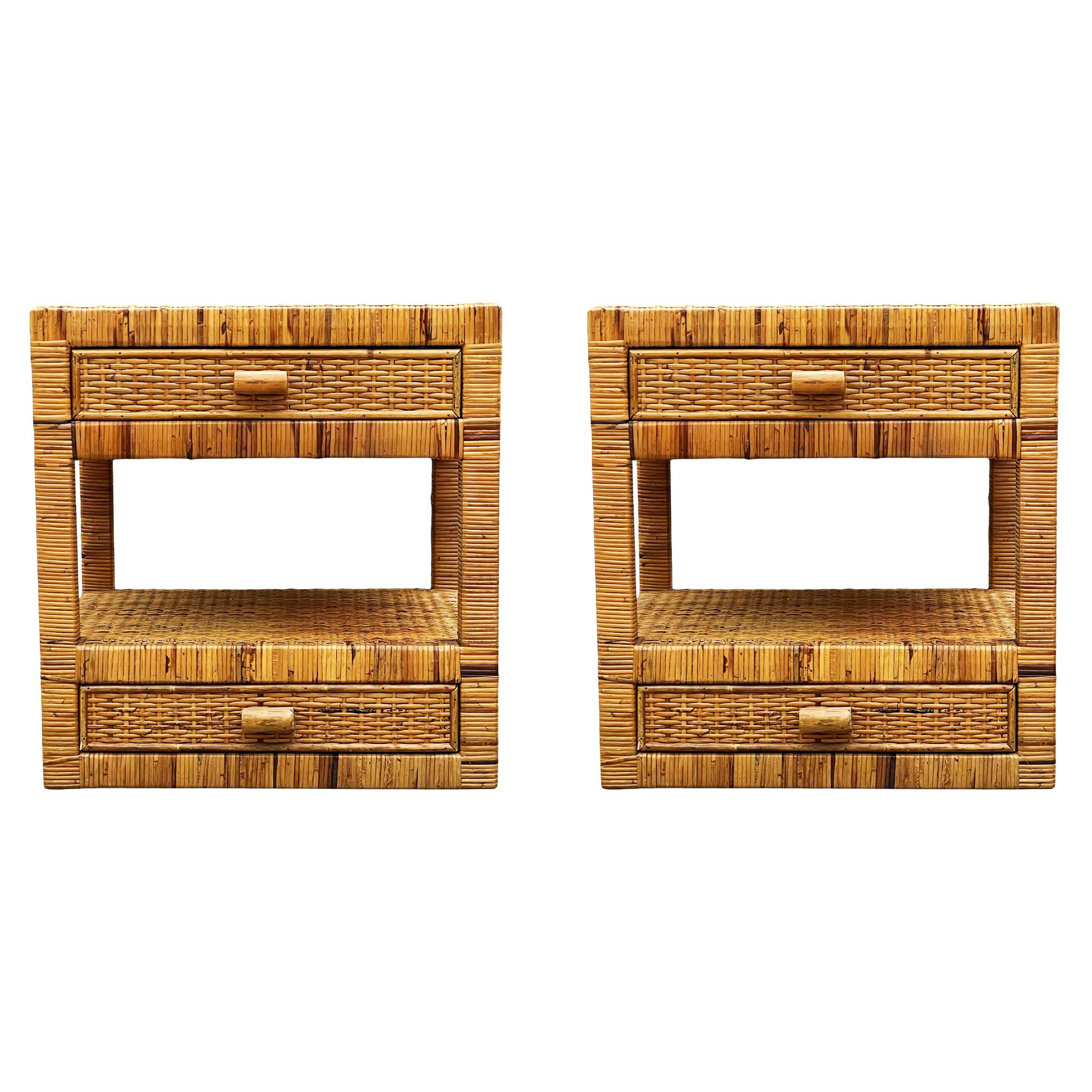 Pair of Mid-Century Modern Wicker or Rattan Woven Night Stands or End Tables