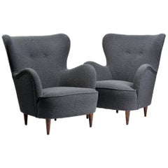 Pair of Mid-Century Modern Wing Chairs Upholstered in Grey Boucle