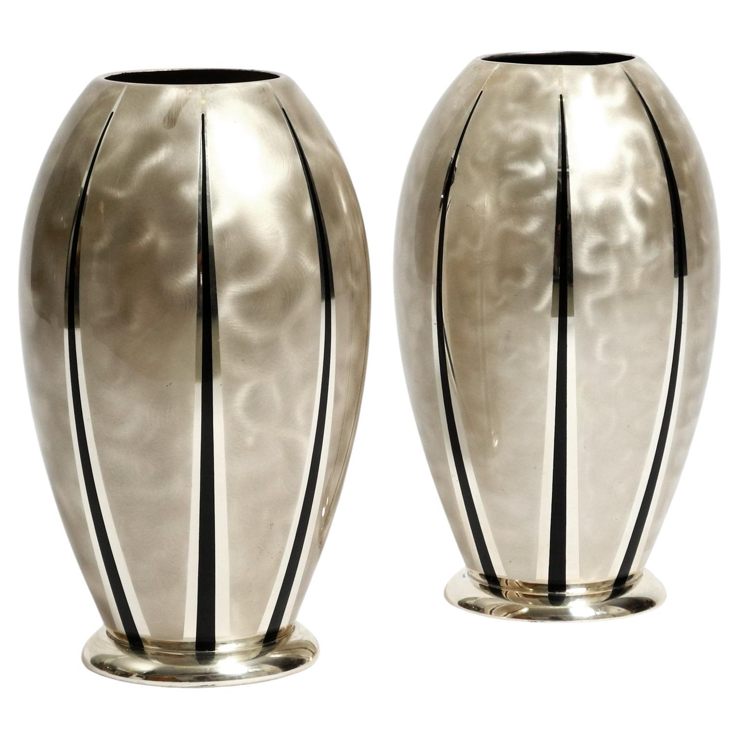 Pair of Mid Century Modern WMF Ikora table vases made of silver-plated brass For Sale