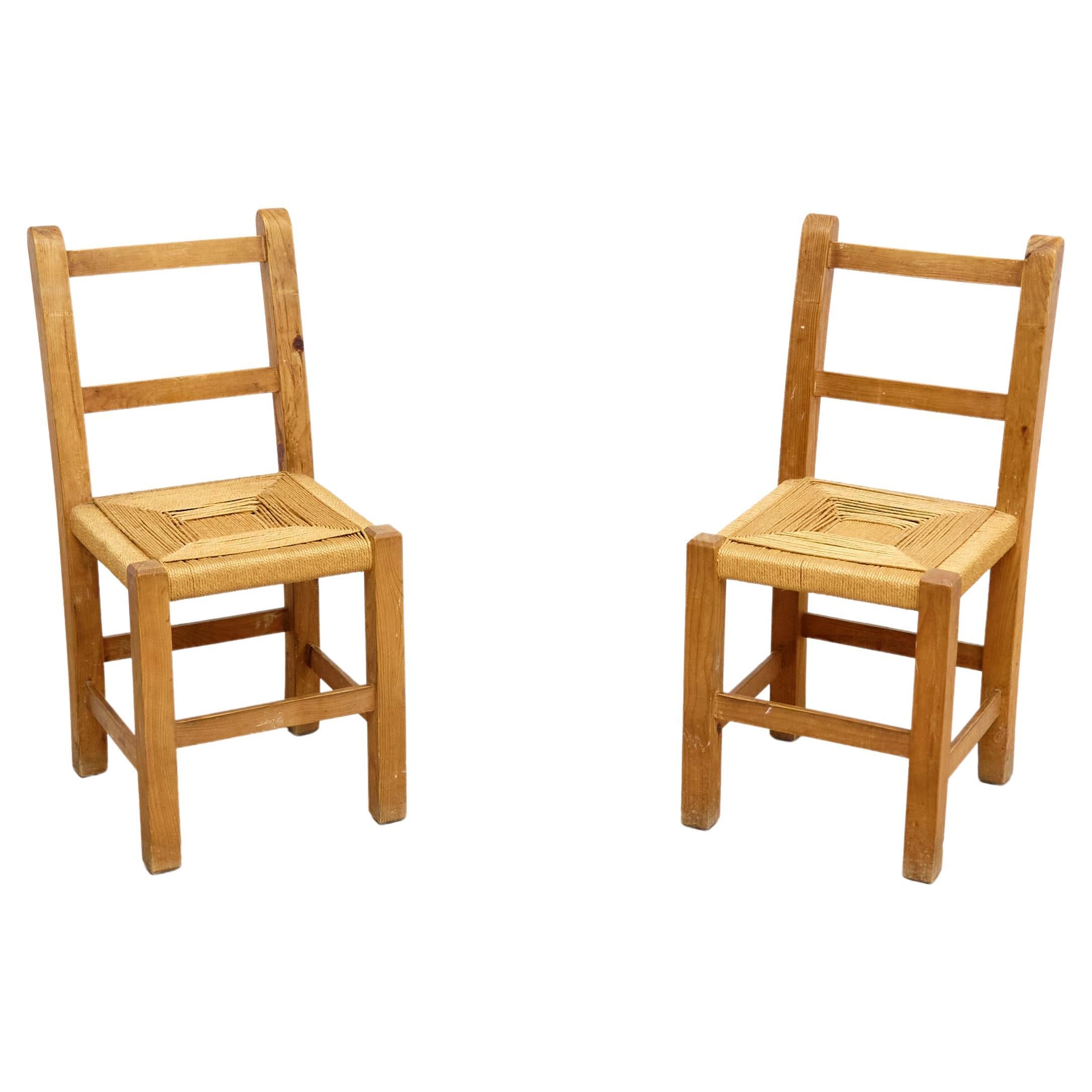 Pair of Mid-Century Modern Wood and Rattan French Rationalist Chairs, circa 1950 For Sale