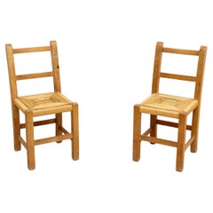 Vintage Pair of Mid-Century Modern Wood and Rattan French Rationalist Chairs, circa 1950