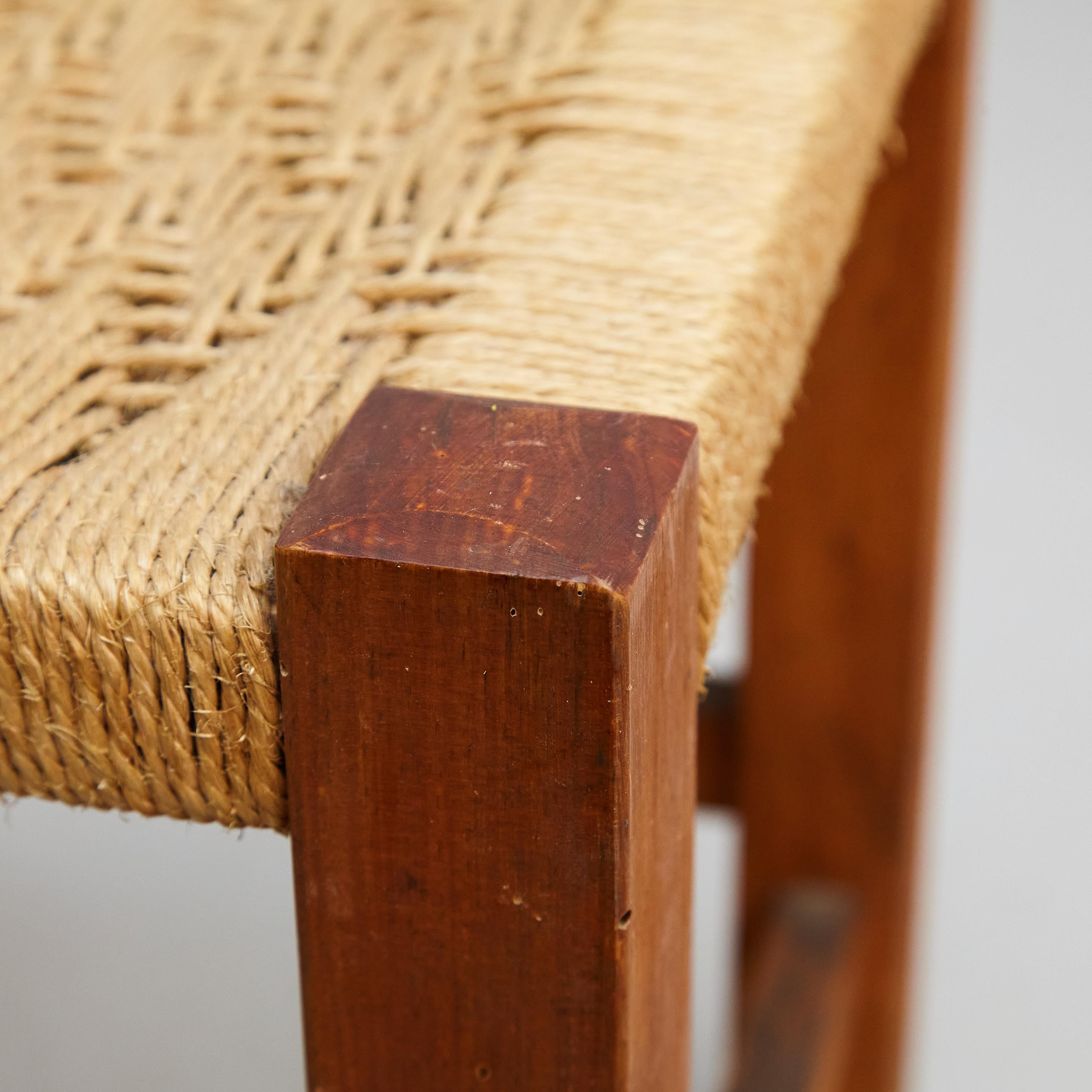 Pair of Mid-Century Modern Wood and Rattan French Stools, circa 1960 For Sale 14