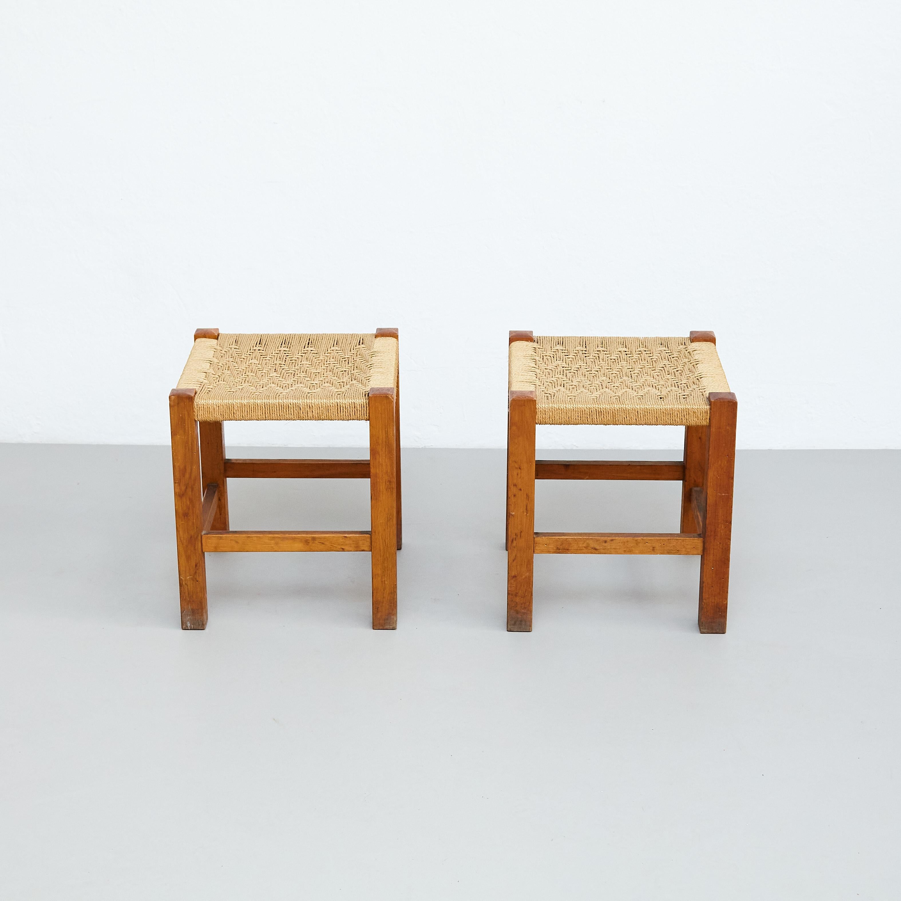 Mid-20th Century Pair of Mid-Century Modern Wood and Rattan French Stools, circa 1960 For Sale