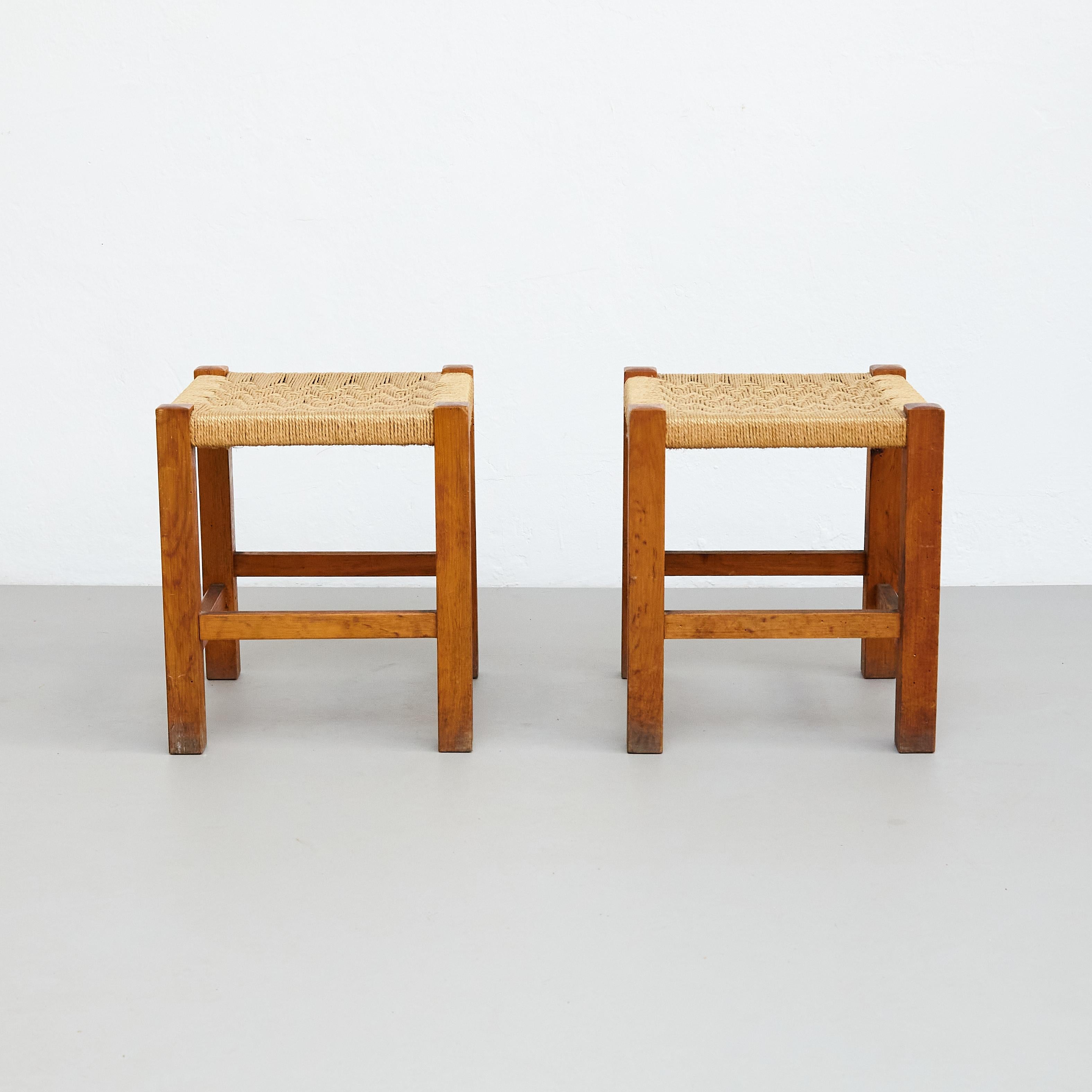 Pair of Mid-Century Modern Wood and Rattan French Stools, circa 1960 For Sale 1