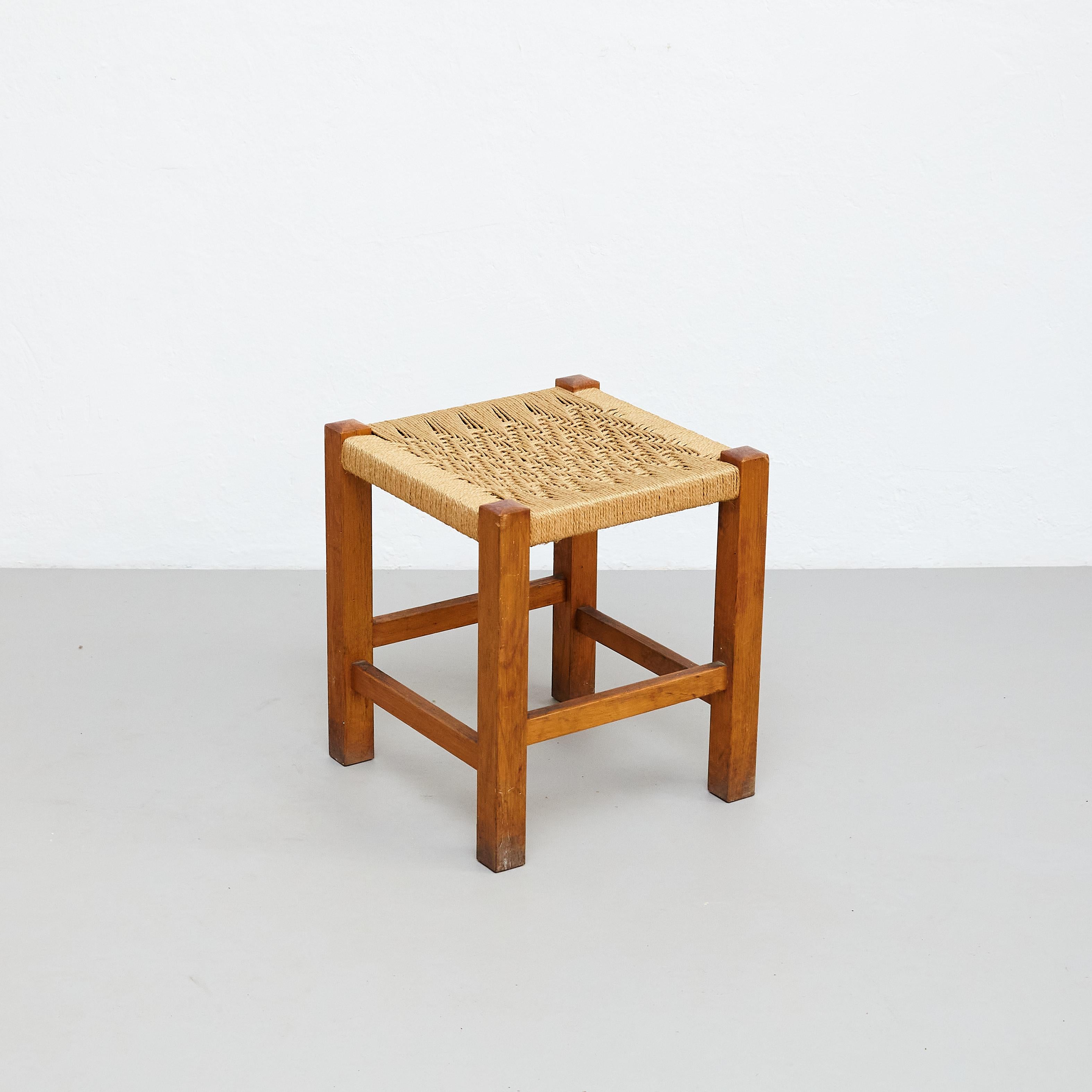 Pair of Mid-Century Modern Wood and Rattan French Stools, circa 1960 For Sale 3