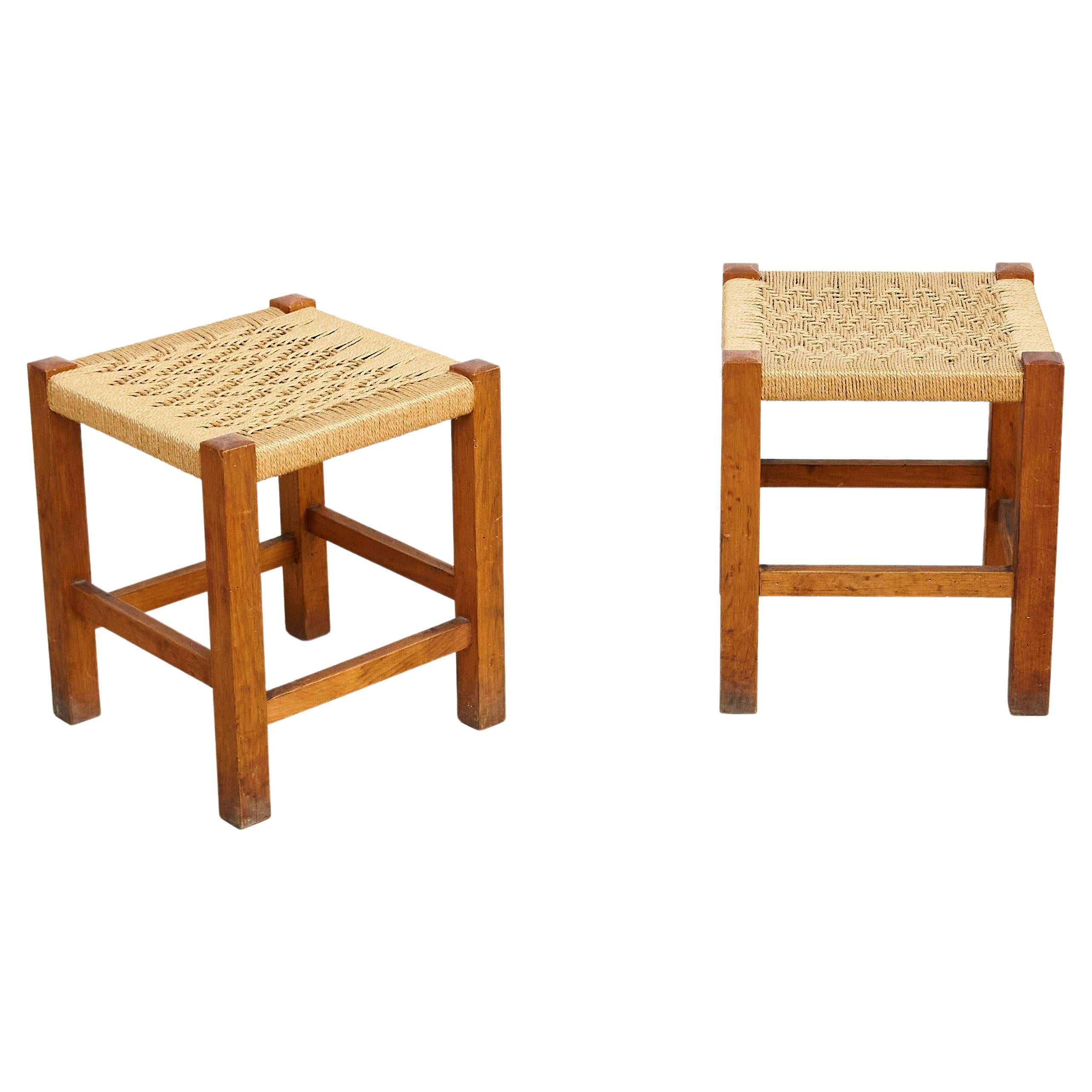 Pair of Mid-Century Modern Wood and Rattan French Stools, circa 1960 For Sale