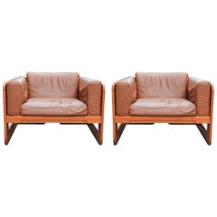 Pair of Mid-Century Modern Wood and Tan Leather Club Chairs by Giuseppe Raimondo