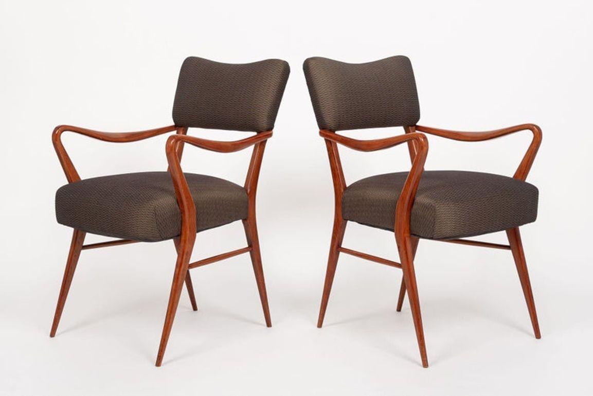 Mid-Century Modern Pair of Mid Century Modern Wood & Brown Upholstered Arm Chairs, 1950s For Sale
