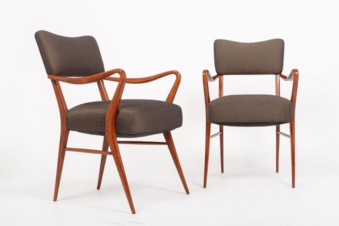 Italian Pair of Mid Century Modern Wood & Brown Upholstered Arm Chairs, 1950s For Sale