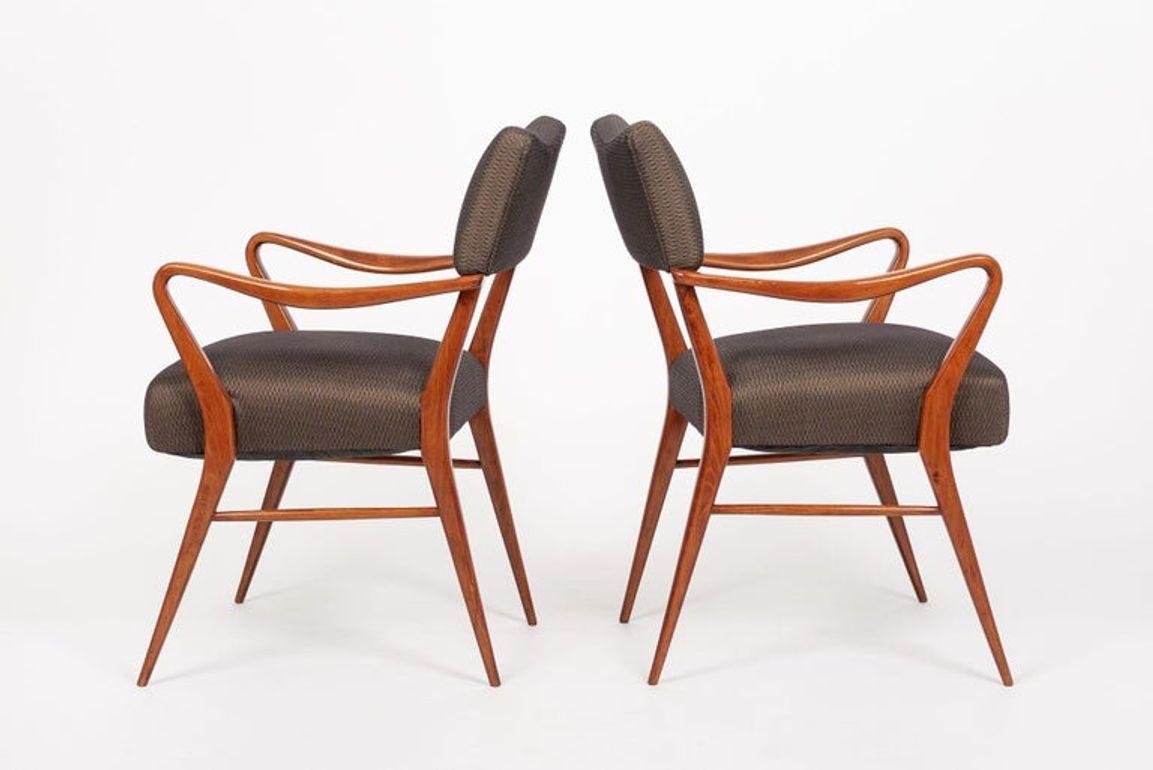 Pair of Mid Century Modern Wood & Brown Upholstered Arm Chairs, 1950s In Good Condition For Sale In Detroit, MI