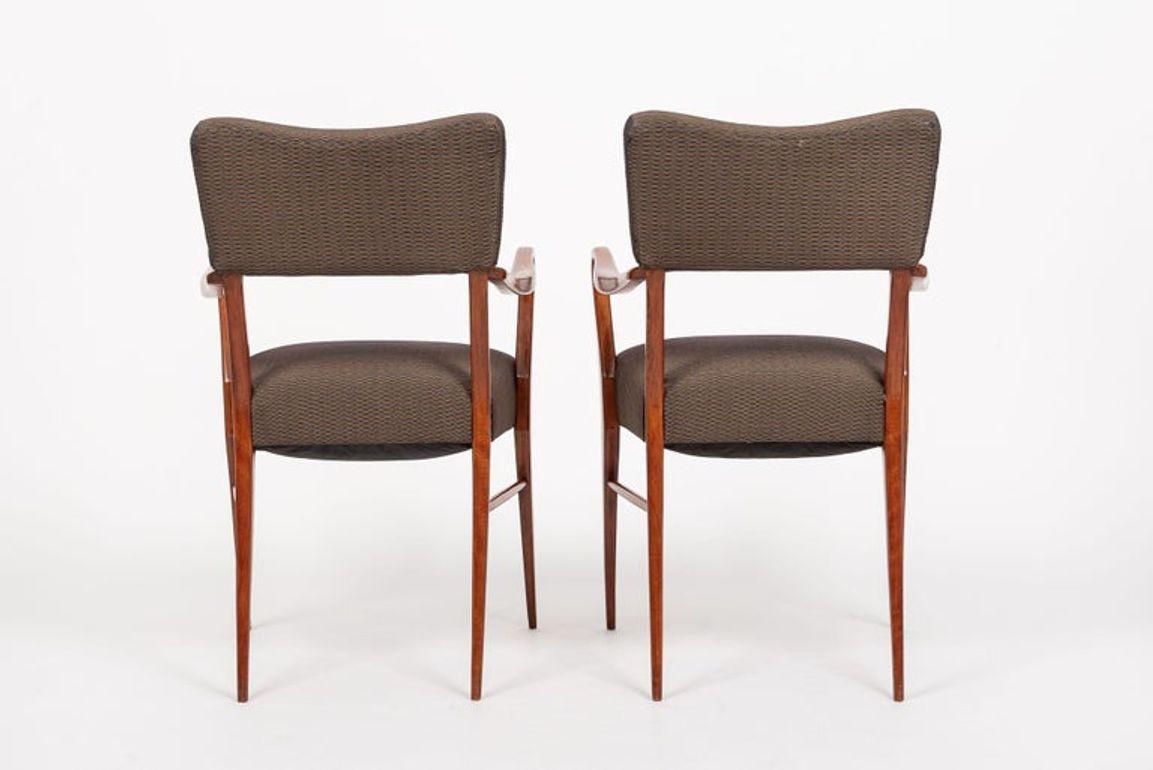 Upholstery Pair of Mid Century Modern Wood & Brown Upholstered Arm Chairs, 1950s For Sale