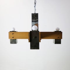 Pair of Mid Century Modern Wood & Chrome Hanging Chandeliers
