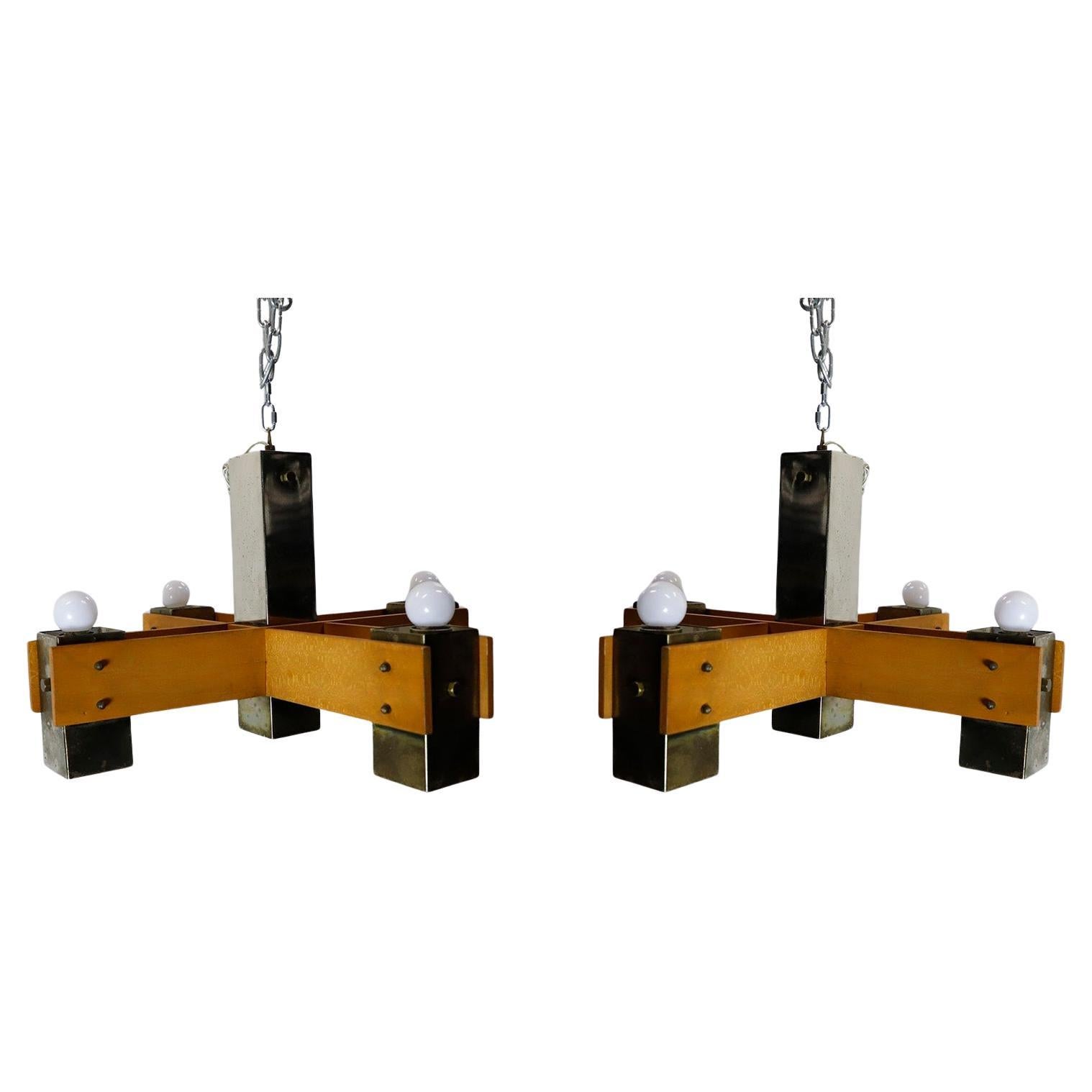 Pair of Mid Century Modern Wood & Chrome Hanging Chandeliers