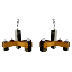 Pair of Mid Century Modern Wood & Chrome Hanging Chandeliers