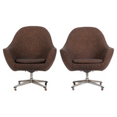 Vintage Pair of Mid-Century Modern Wool Overman Swivel Chairs, with Casters, Sweden 1960