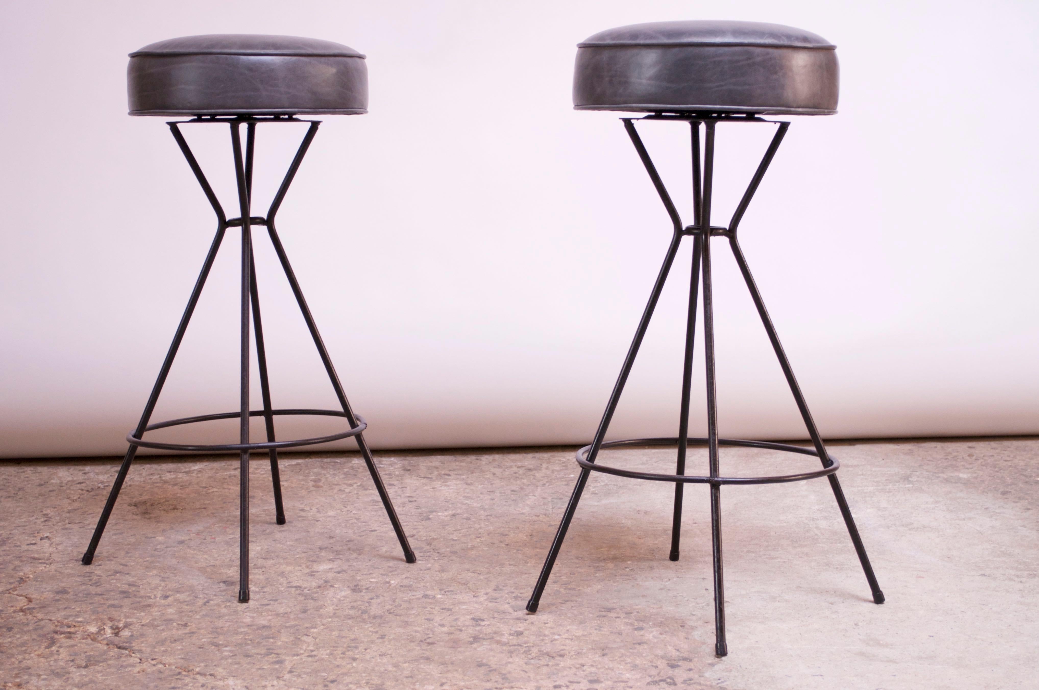 American Pair of Mid-Century Modern Wrought Iron and Leather Swivel Bar Stools