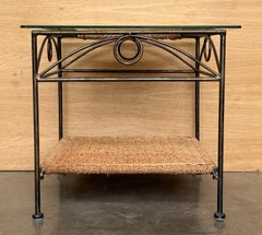 Pair of Mid-Century Modern Wrought Iron Side Tables with Glass Tops and Woven