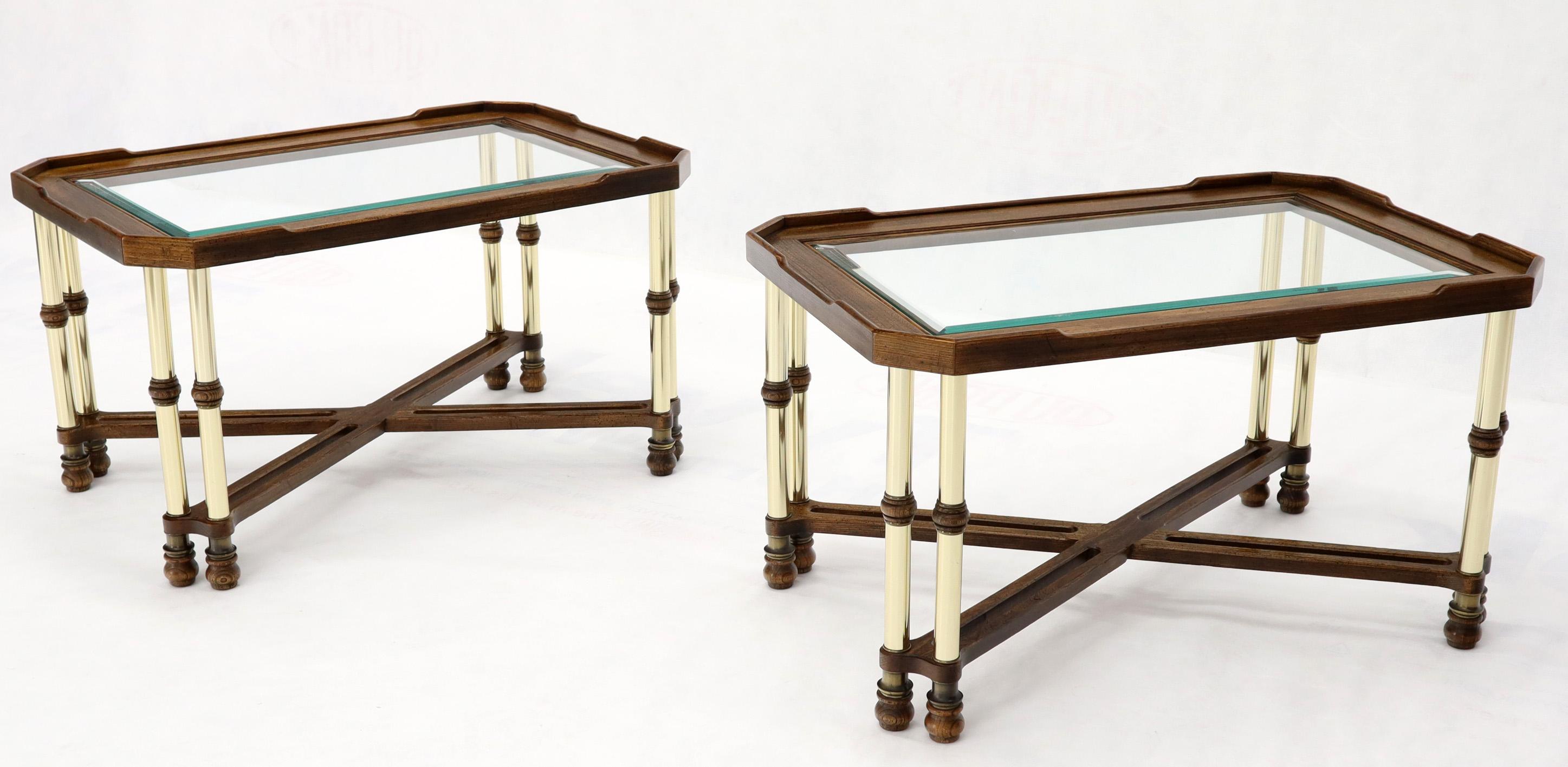 Pair of Mid-Century Modern X-Bases Glass Tops End Side Tables In Excellent Condition For Sale In Rockaway, NJ