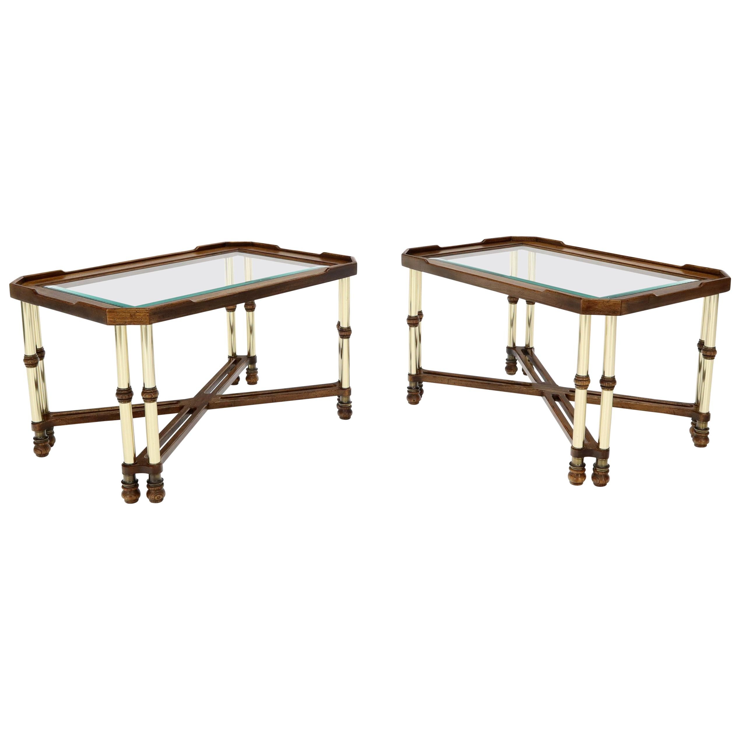 Pair of Mid-Century Modern X-Bases Glass Tops End Side Tables For Sale