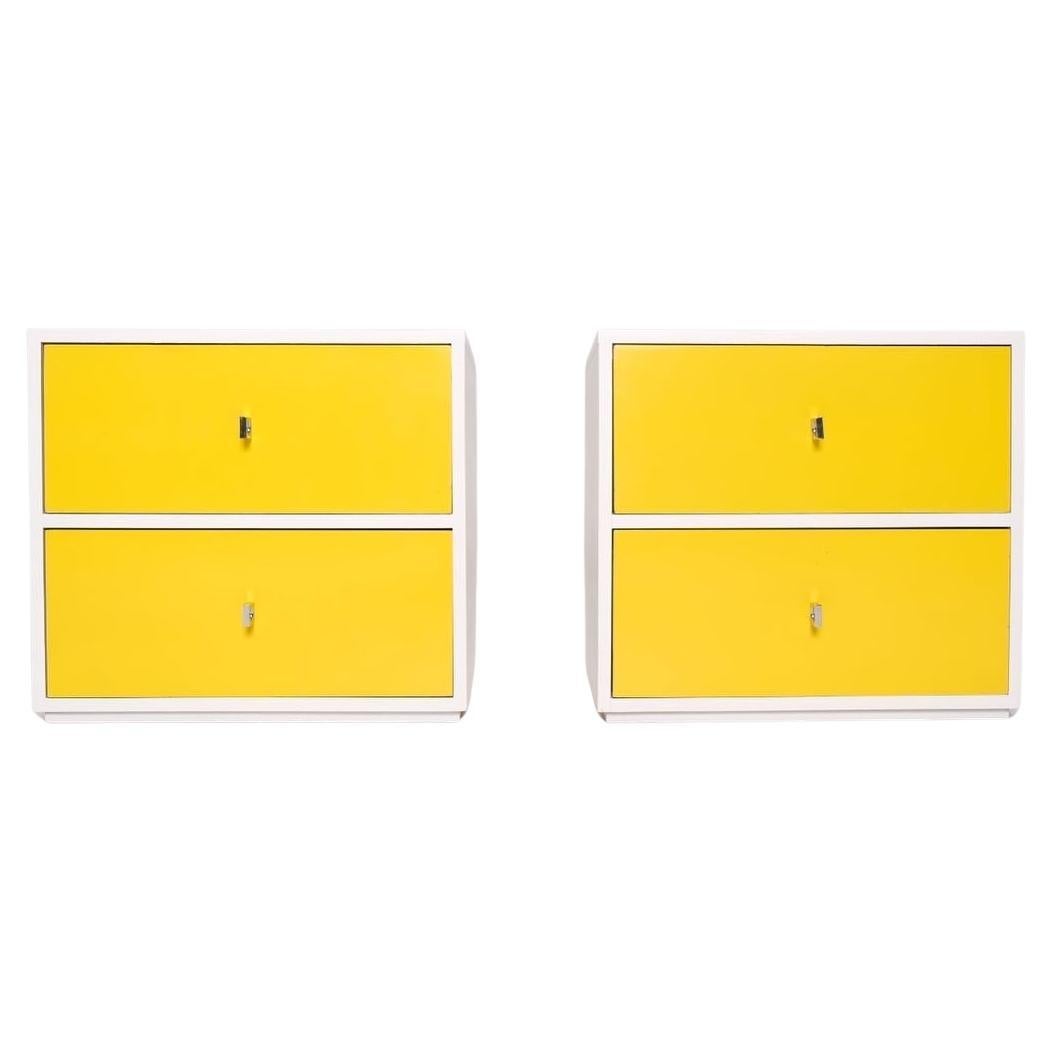 Pair of Mid-Century Modern Yellow and White Nightstands with Chrome Pulls en vente