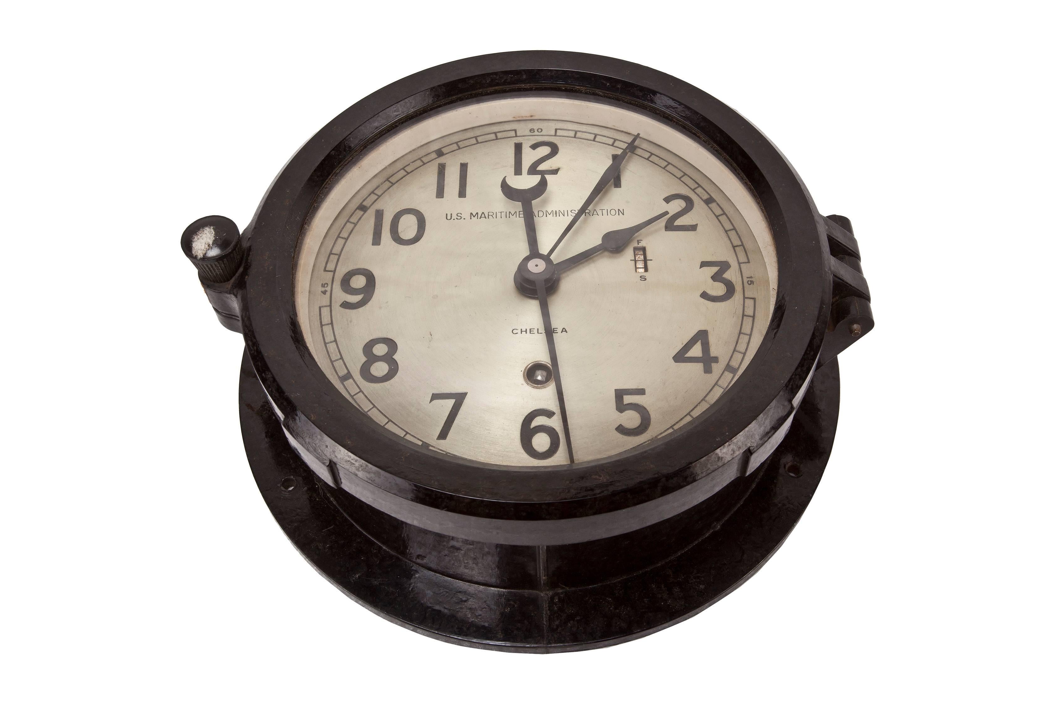 Industrial Pair of Mid-Century Modern, Naval Chelsea Clock and Barometer