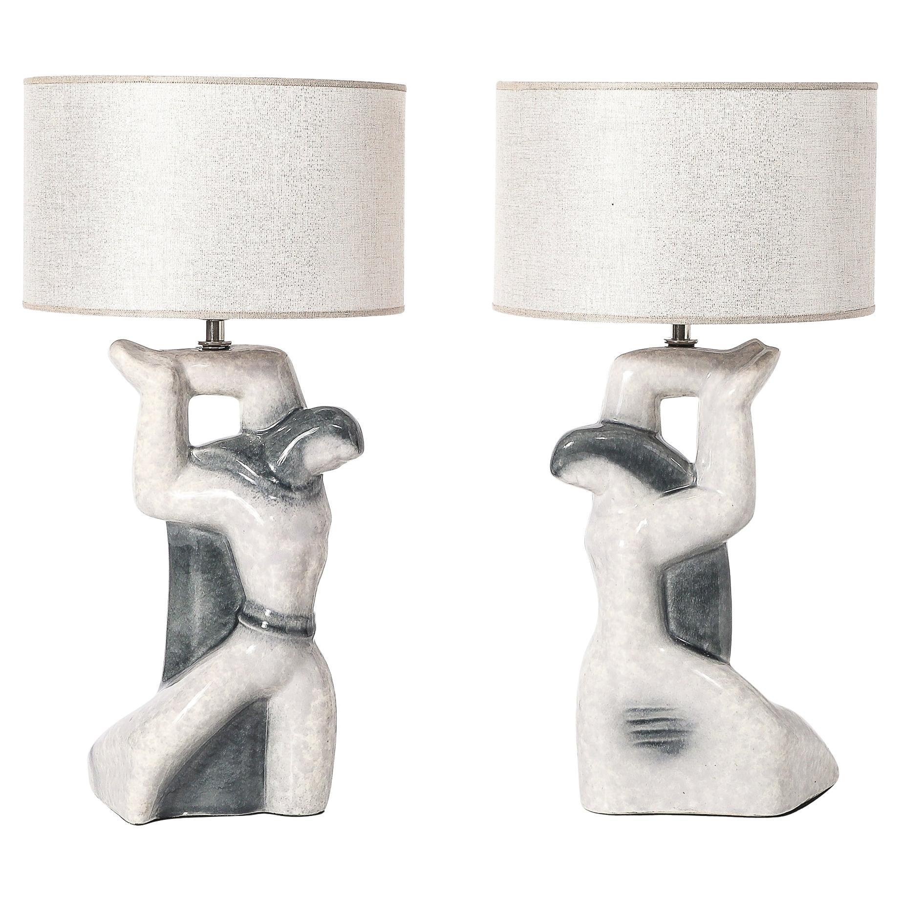 Paar abstrakte figurale Keramik-Tischlampen aus der Mitte des Jahrhunderts