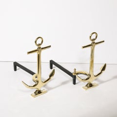 Pair of Mid-Century Modernist Anchor Andirons in Polished Brass