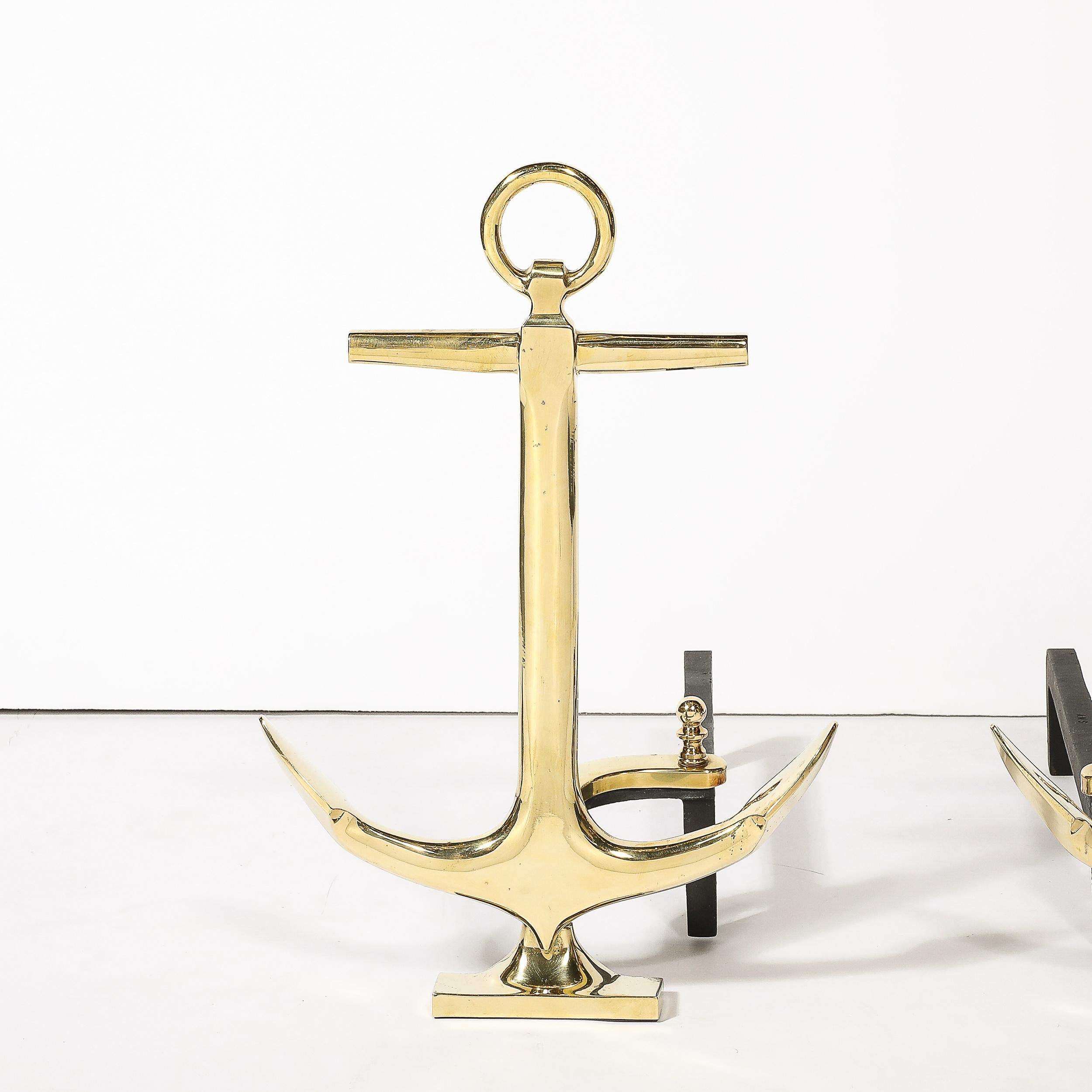 Americano Coppia di candelabri ad ancora modernisti di metà secolo in ottone lucido in vendita