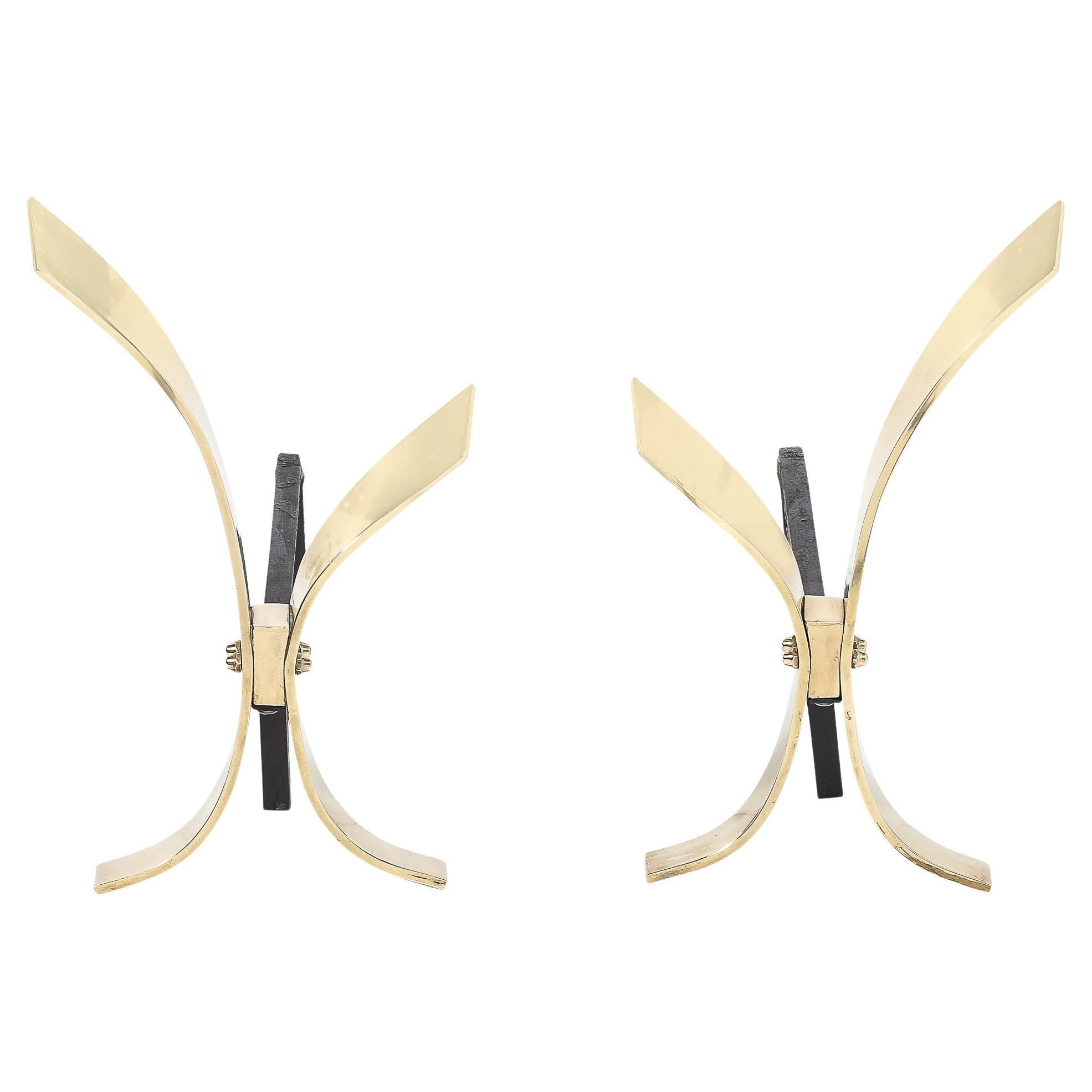 Pair of Mid-Century Modernist Andirons in Polished Brass by Donald Deskey For Sale