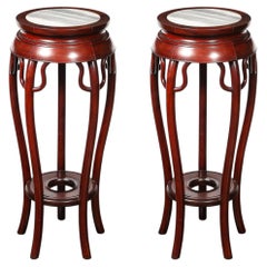 Pair of Mid-Century Modernist Asian Style Mahogany & Carrera Marble Pedestals