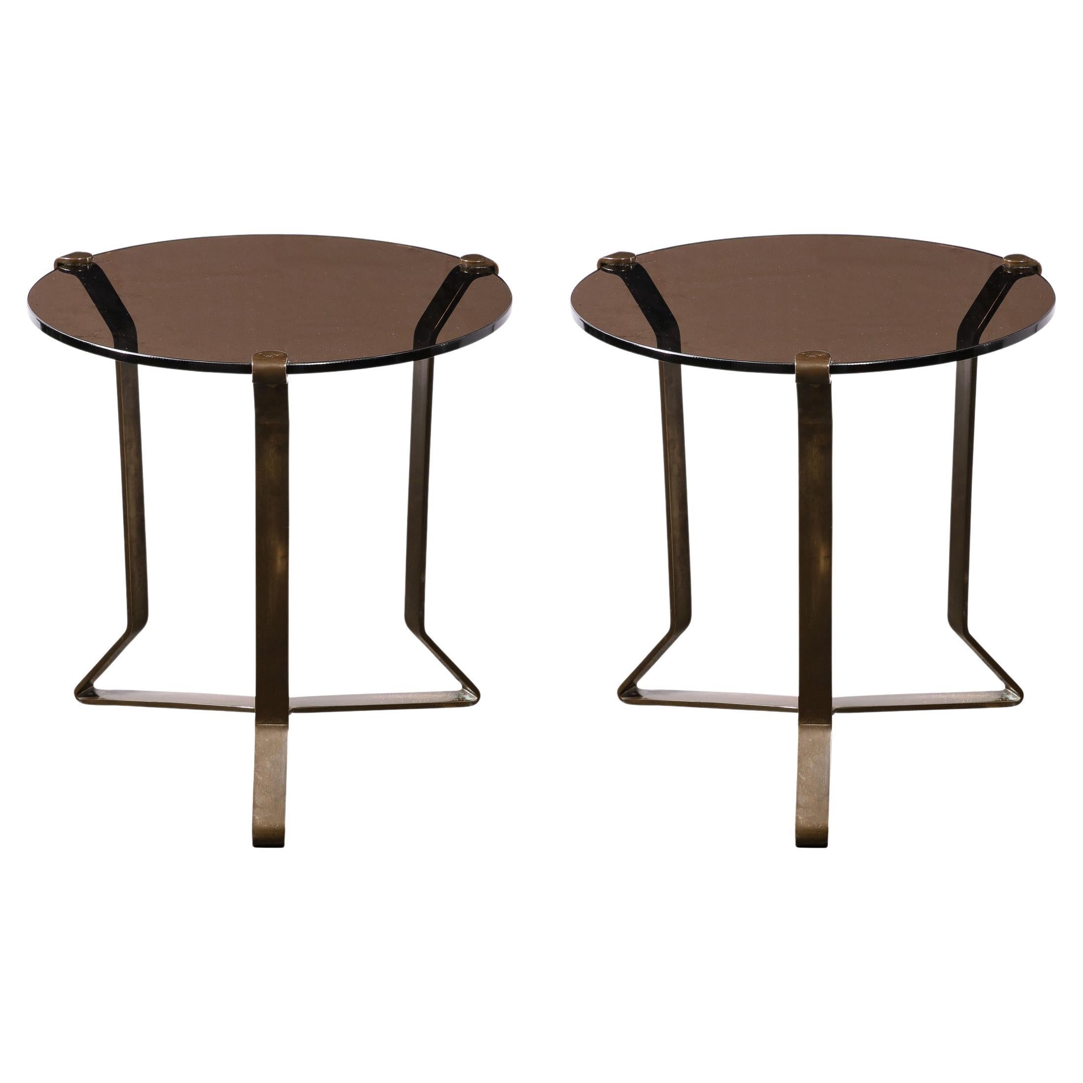 Pair of MidCentury Modernist Bronze and Smoked Glass Side Tables For