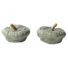 Vintage Pair of Mid-Century Modernist Ceramic Covered Pumpkin Tureens